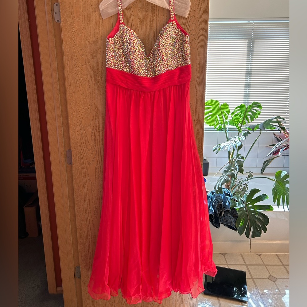 Size 18 Prom Dress - Watermelon Pink, Jewels And Chiffon
